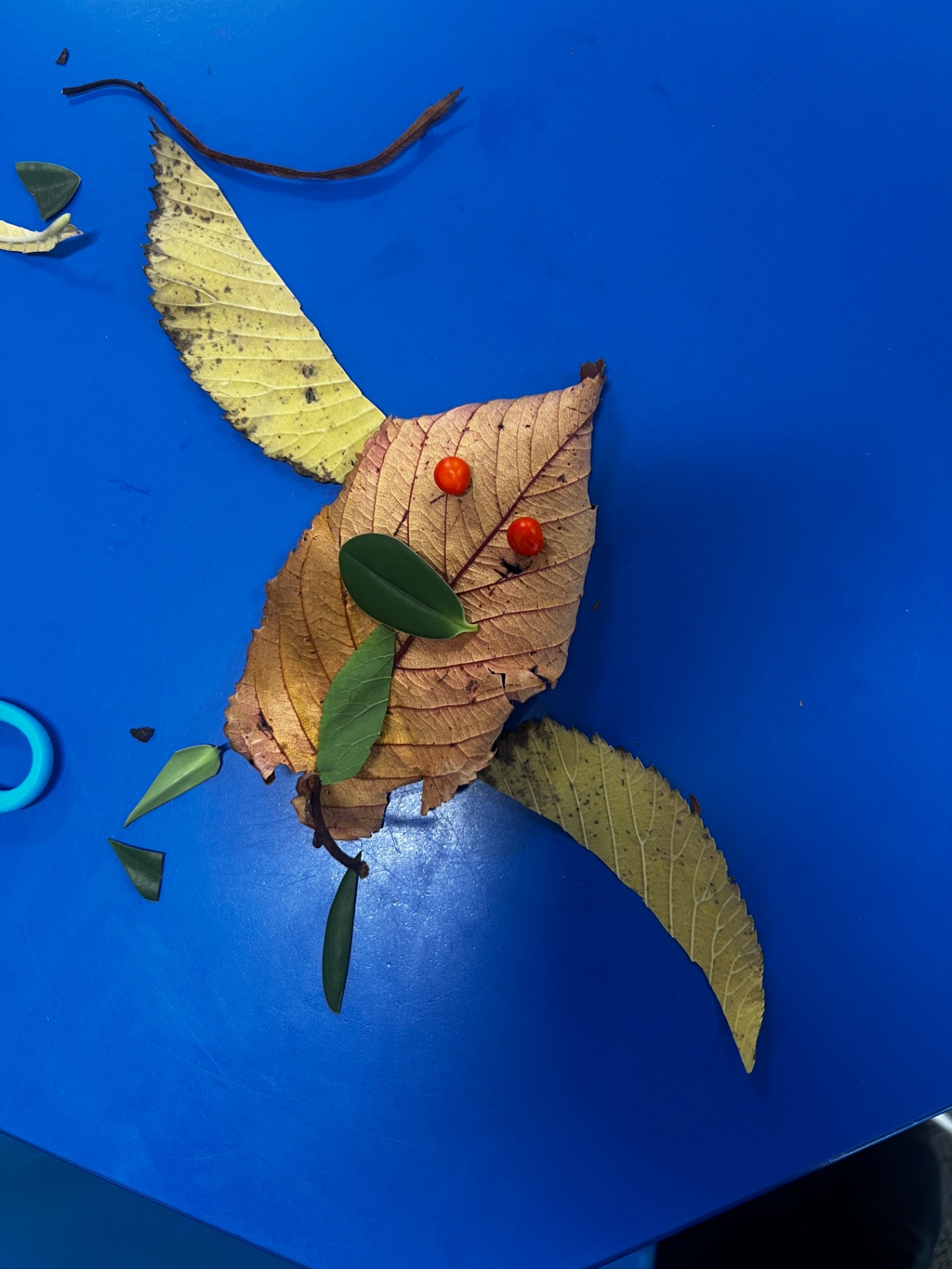 Classroom nature art — a bird made from autumn leaves and berries