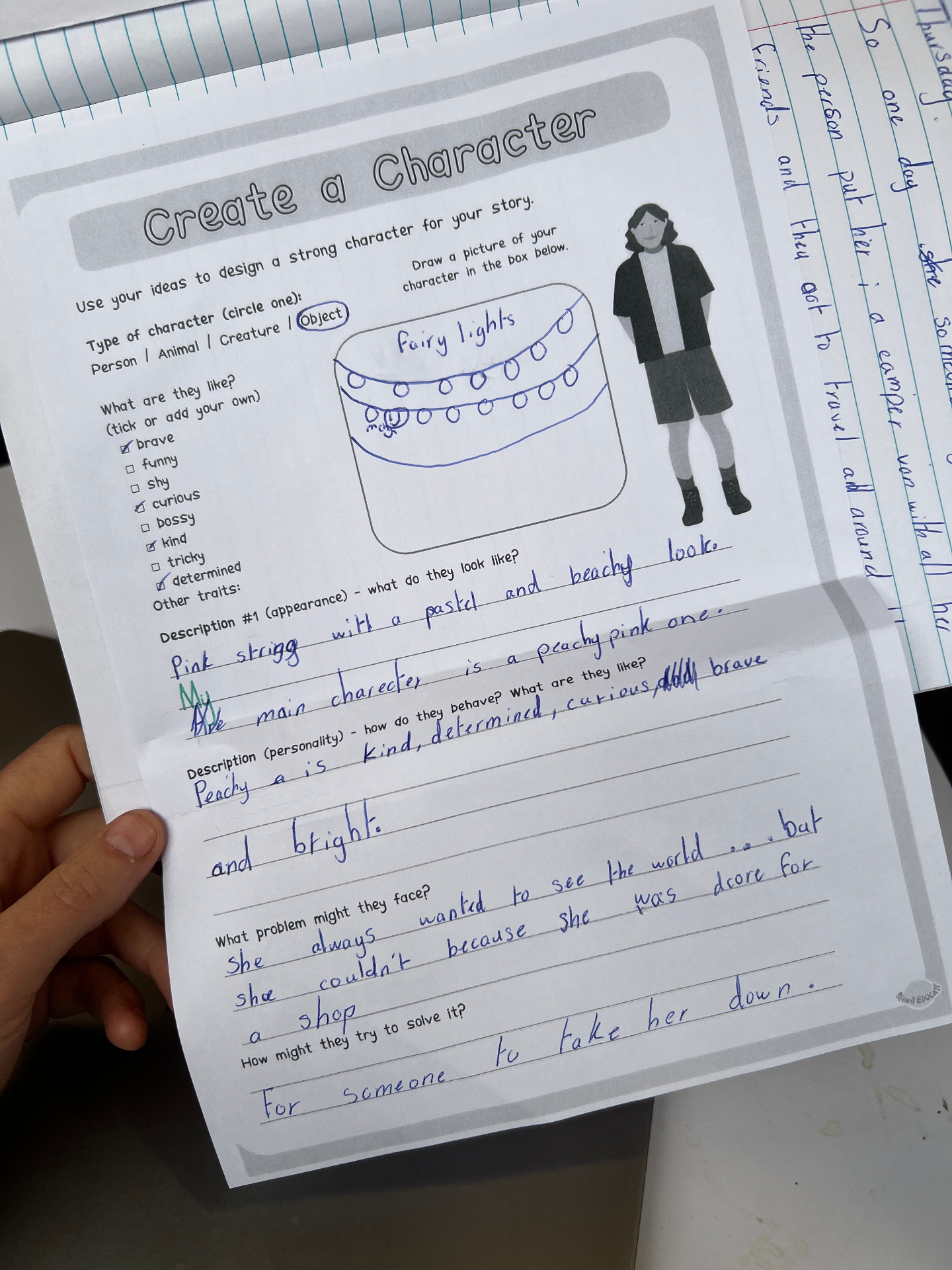 Create a Character worksheet completed by a student